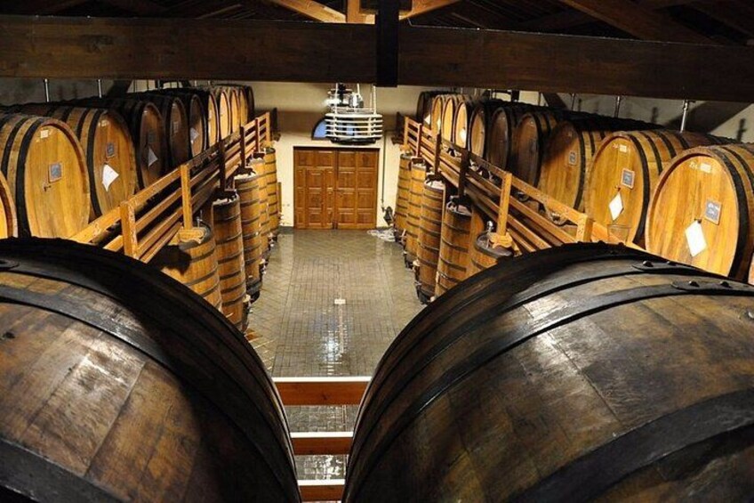 A cellar with wooden barrels arranged in rows. 3
