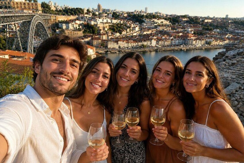 A group of people holding wine glasses, a bridge, and a cityscape with buildings and water in the background. 1