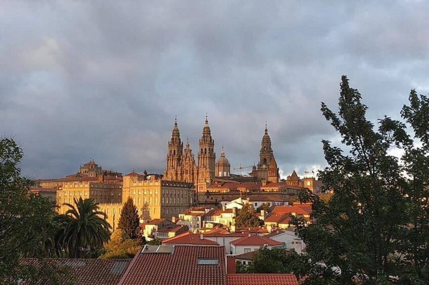 A historic cathedral with two prominent towers, surrounded by urban buildings and trees. 2