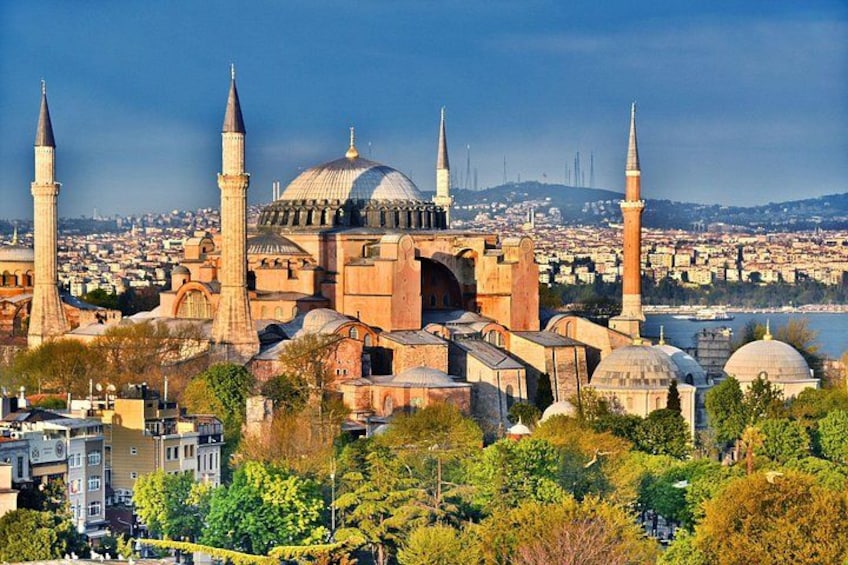 A historic mosque with multiple minarets and domes, surrounded by trees and urban landscape. 4