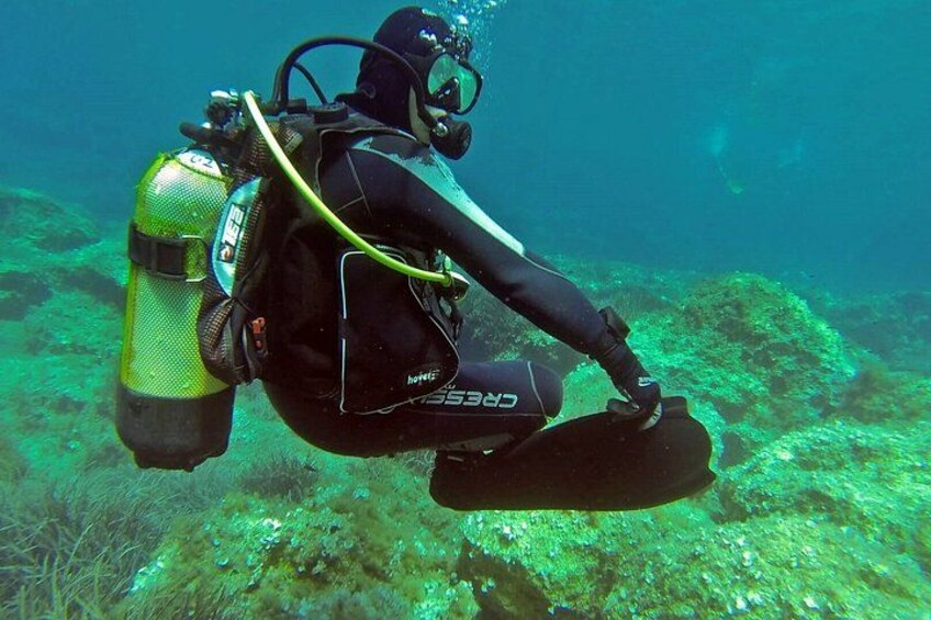 Un plongeur équipé d’une bouteille d’oxygène et de palmes, sous l’eau. 3