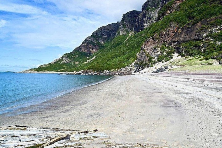A beach with a rocky cliff and a clear sky. 3