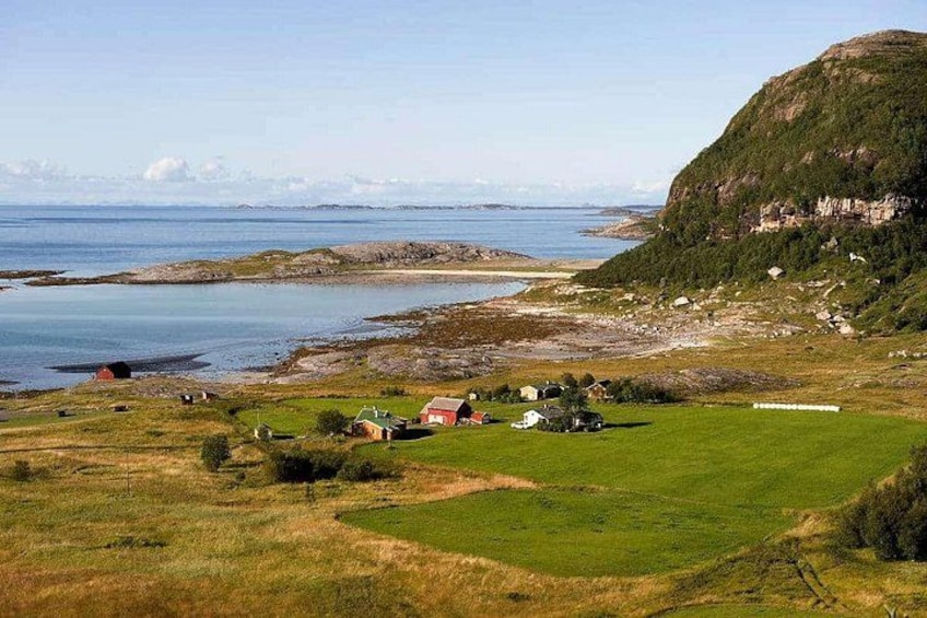 Paisaje costero con casas, un campo cubierto de hierba y un acantilado. 5