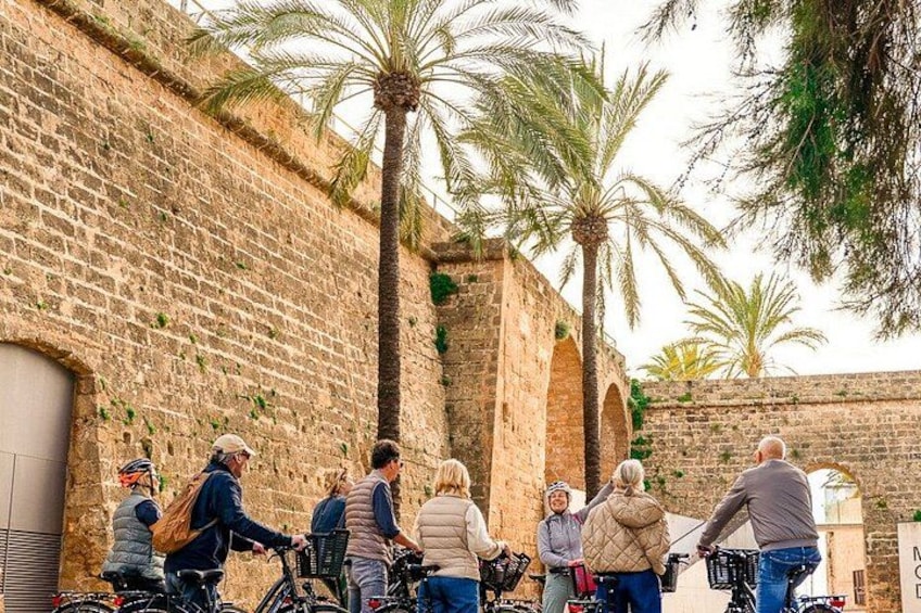 Un groupe de personnes à vélo se trouve près d’un ancien mur de pierre, avec des palmiers en arrière-plan. 5