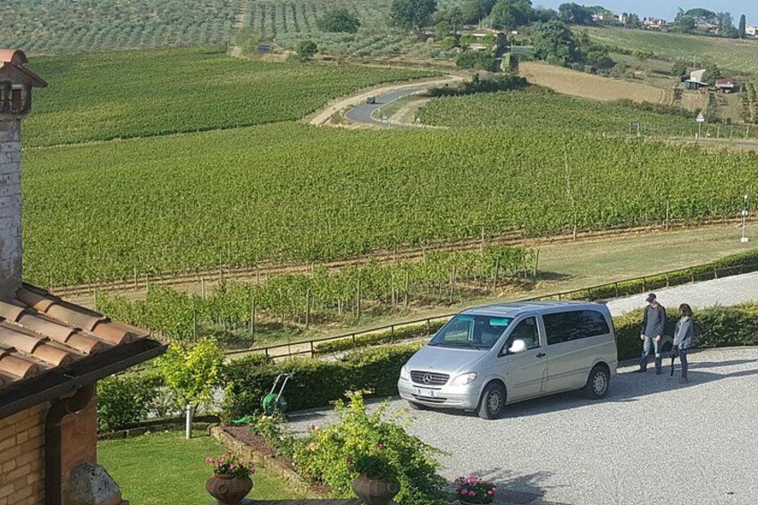 Ein Weinberg, ein weißer Lieferwagen und ein Gebäude mit rotem Dach. 3