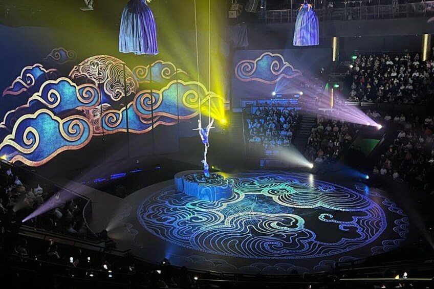 A stage with a circular design, a large audience, and a performer. 3