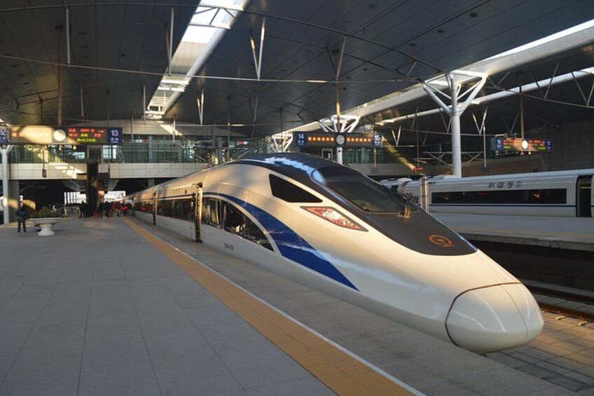 A modern train station with a high-speed train on the platform. 2