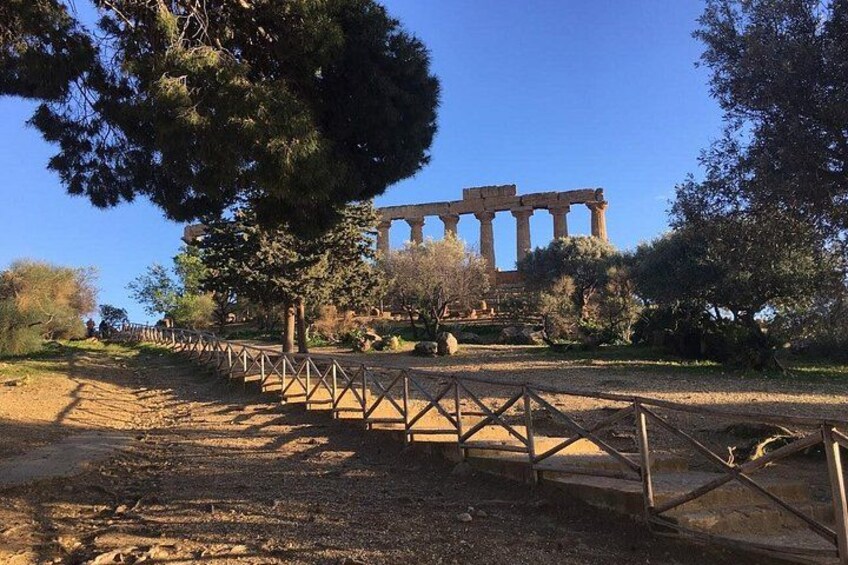 Ruinas antiguas con columnas, un sendero cercado y árboles. 3