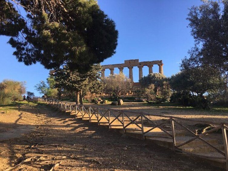Ancient ruins with columns, surrounded by trees and a fenced pathway. 2