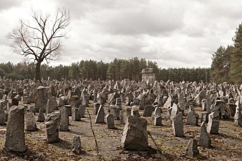 En kirkegård med mange gravsten, et nøgentræ og en bygning i det fjerne. 1