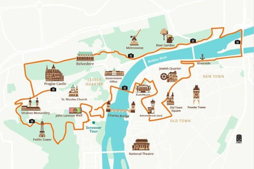 A map of Prague with landmarks like Prague Castle, Charles Bridge, and the National Theatre. 4