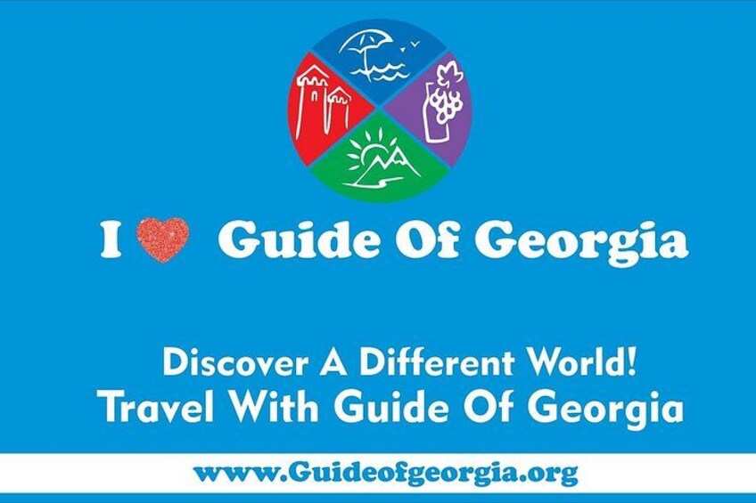 Een logo met een hart en de tekst 'I ♥ Guide Of Georgia' en 'Ontdek een andere wereld! Reis met Guide Of Georgia', samen met de website 'www.Guideofgeorgia.org'. 4