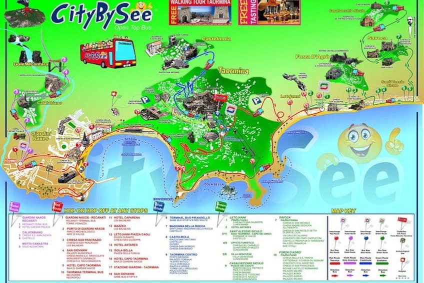 A colorful city map with landmarks, transportation options, and activities. 2