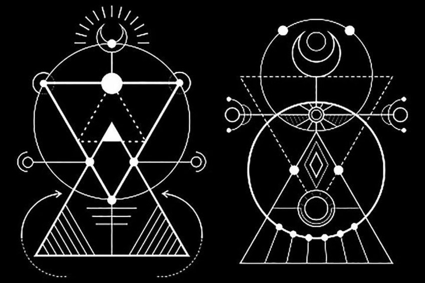 Two abstract geometric designs with triangles, circles, and lines. 5