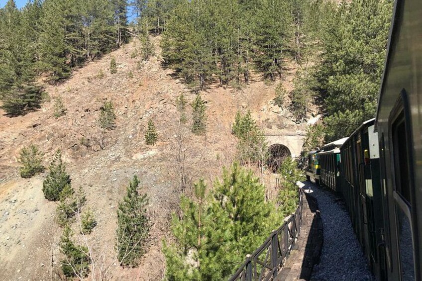 A train traveling through a forested area with a rocky hillside and a tunnel in the background. 5