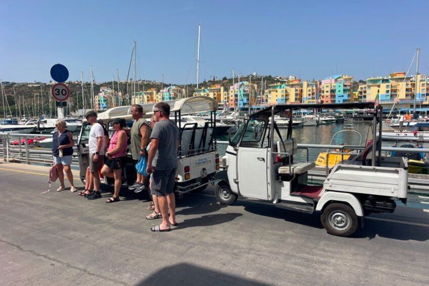 A group of people waiting at a dock with a small white vehicle, a marina with boats, and colorful buildings in the background. 3