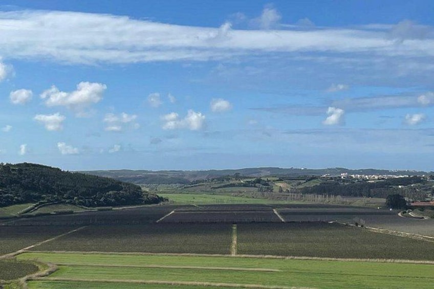 Un paysage rural avec des champs, une route et des collines à l’horizon. 3