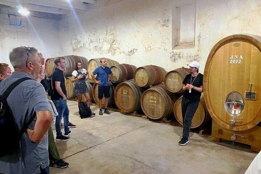 A group of people in a wine cellar with wooden barrels. 3