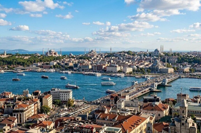 A coastal cityscape with a prominent mosque, a bustling harbor with boats, and a dense urban area with historic architecture. 2