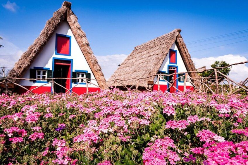 Two thatched-roof houses with red and blue accents, surrounded by pink flowers. 1