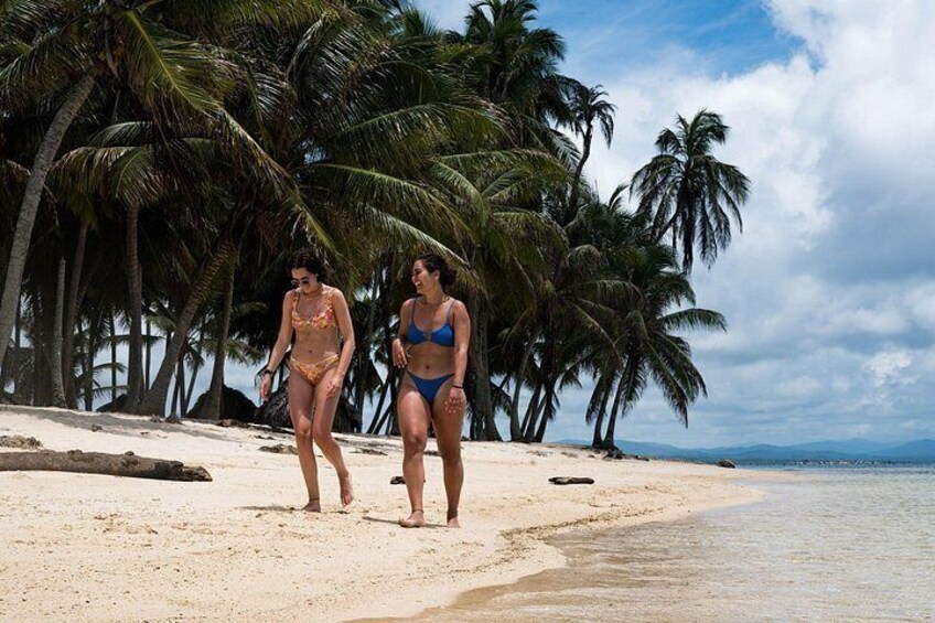 Dos personas caminando por una playa con palmeras y el océano al fondo. 5