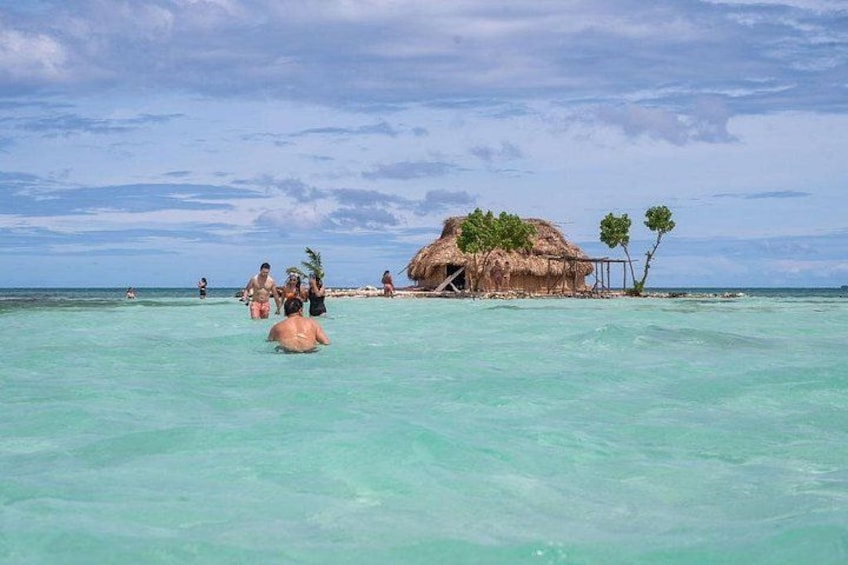 A beach with clear turquoise water, a thatched-roof hut, and palm trees. 2