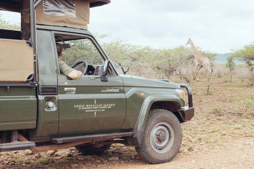 A green safari vehicle with a canvas cover, parked in a natural setting with a giraffe in the background. 1