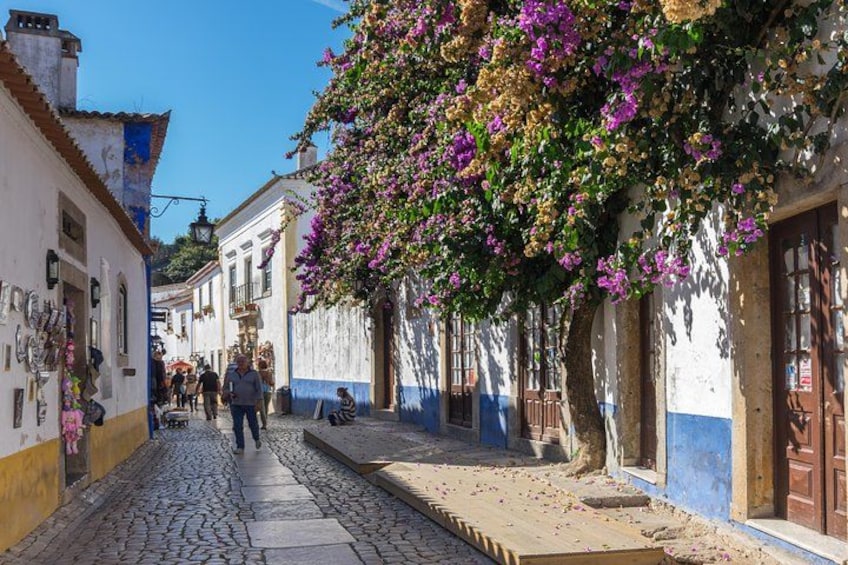 Una calle empedrada bordeada de edificios, un árbol con flores púrpuras y gente caminando. 4