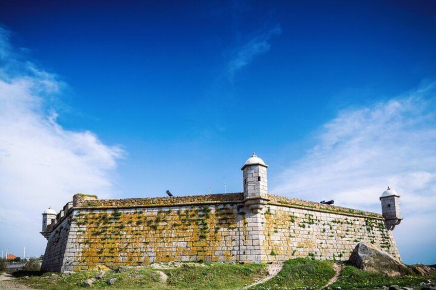 Una fortaleza de piedra con dos torres, rodeada de vegetación y un cielo azul despejado. 5