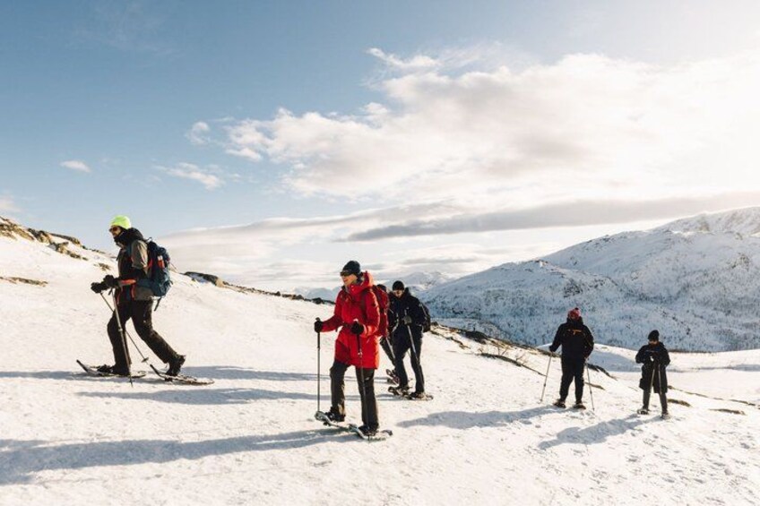 Een groep mensen skiënd op een besneeuwde berghelling. 4