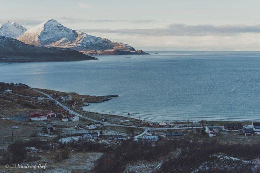 Ein Küstendorf mit Häusern, einer Straße und einem Berg im Hintergrund. 5