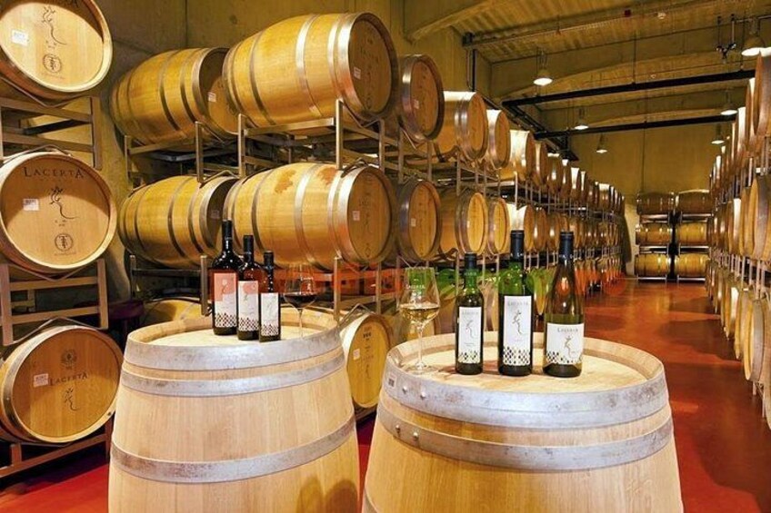 Un domaine viticole avec des barriques en bois et des bouteilles de vin. 5