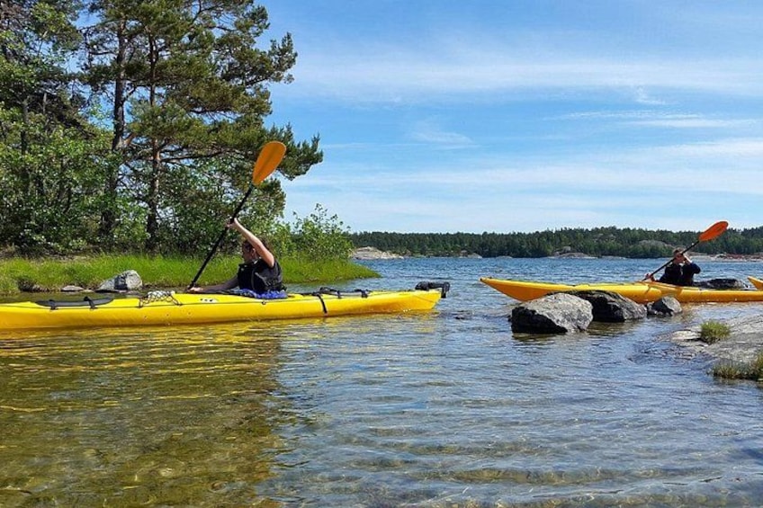 Dos kayakistas en kayaks amarillos en un río tranquilo rodeado de árboles. 3
