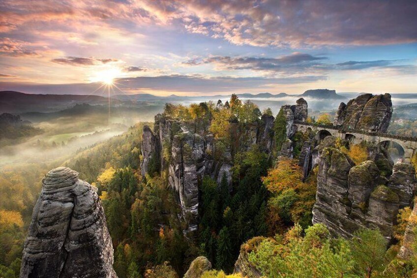The highlight of the national park and every tour - Bastei bridge among rock formations, Germany. 2