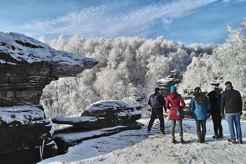 Un groupe de personnes se tient debout dans un paysage enneigé, parsemé de formations rocheuses et d’arbres. 4
