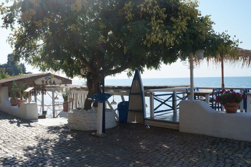 Un caffè vista mare con tavoli all'aperto, un grande albero e la spiaggia. 3