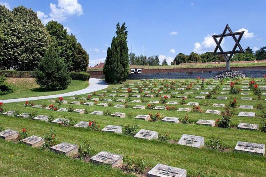 Ein Friedhof mit zahlreichen Grabsteinen, einem Davidstern und einem Weg. 1