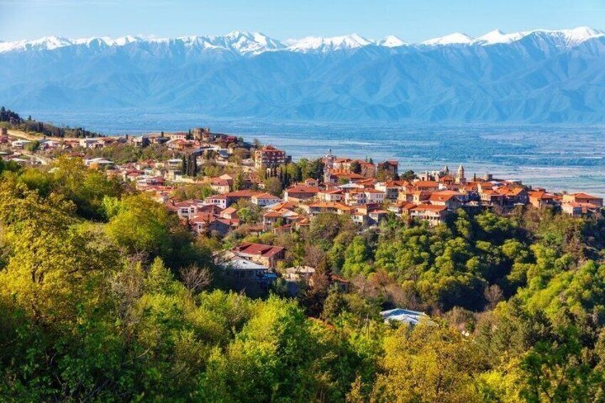 Un pueblo situado en un valle, con montañas nevadas al fondo y un lago. 3