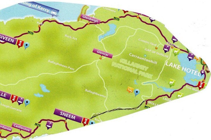 A map of a region with landmarks like Glenferris, Carradontoohill, and Ballaghbeemore National Park. 2