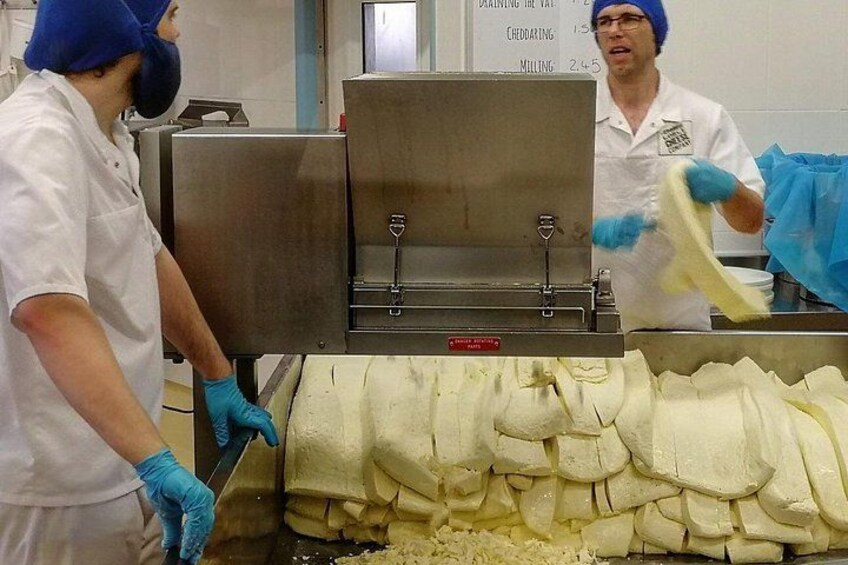 Workers in a food processing facility handling large blocks of cheese. 3