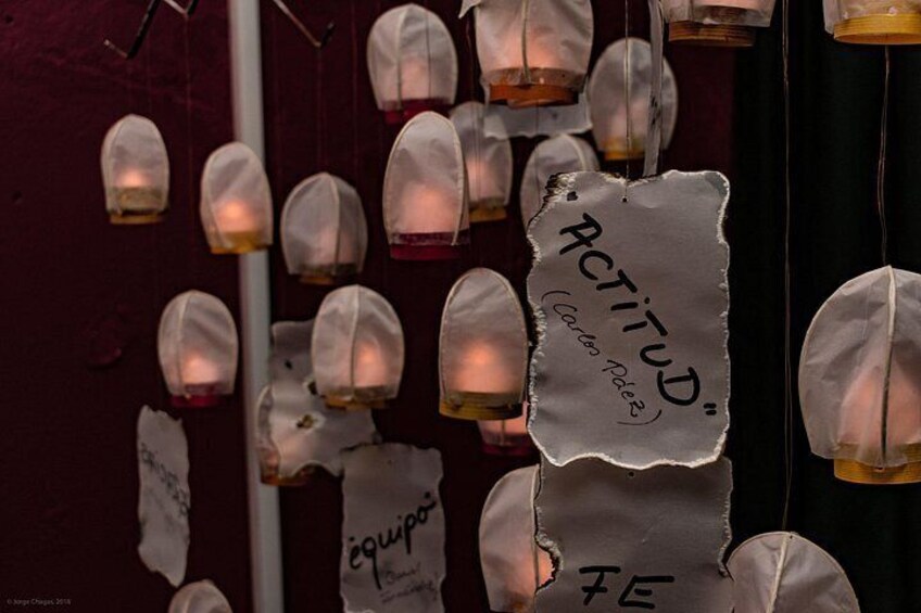 Paper lanterns with text, hanging against a dark background. 3