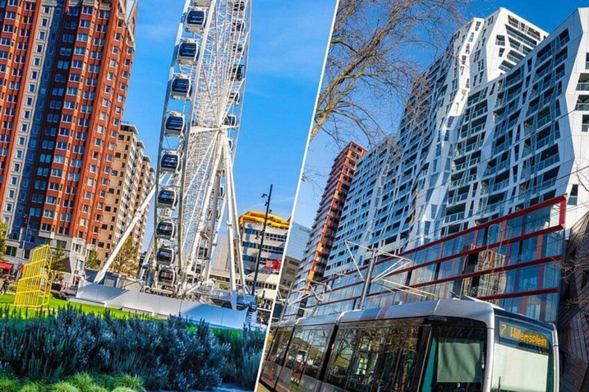 A Ferris wheel, modern buildings, and a bus. 1