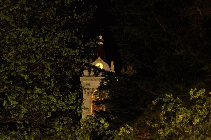 A lit tower with a dome and spire, surrounded by dense foliage. 2