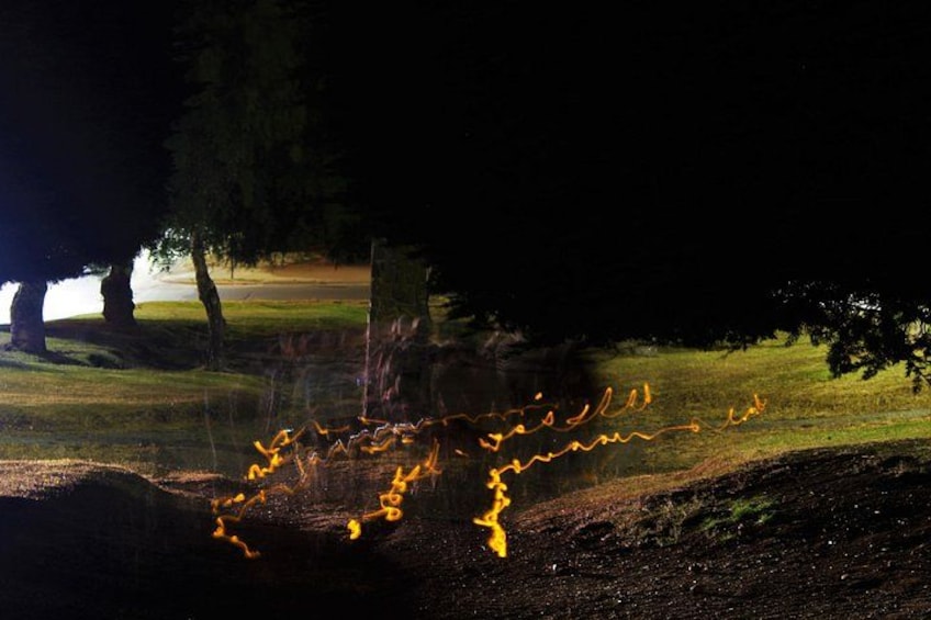 A campfire with visible flames and smoke, surrounded by trees and grass. 1