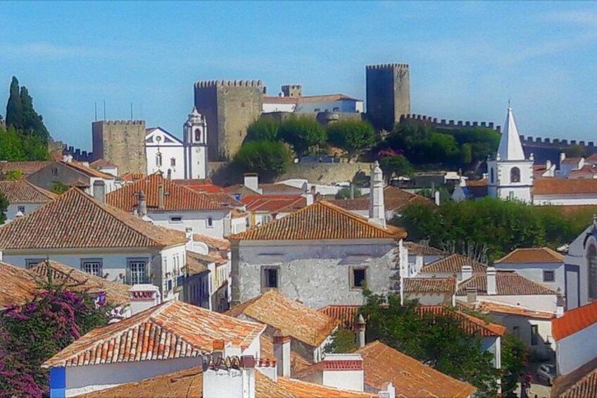 Une ville historique, avec ses bâtiments aux toits de tuiles rouges, une église imposante et un grand château qui se profile à l’arrière-plan. 4