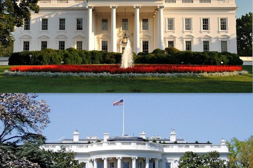 A large white building with columns, a flag, and a fountain. 2