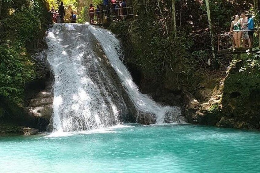 Une cascade se jetant dans une piscine aux eaux turquoise, le tout entouré d’une végétation luxuriante. 1