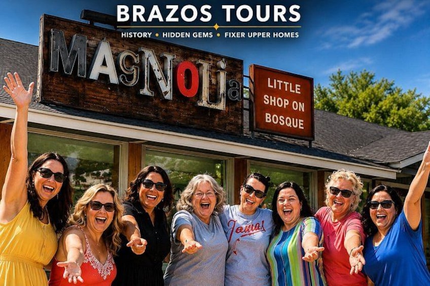 A group of people in front of a store named 'Magnolia' with a sign that says 'Little Shop on Bosque.' 1