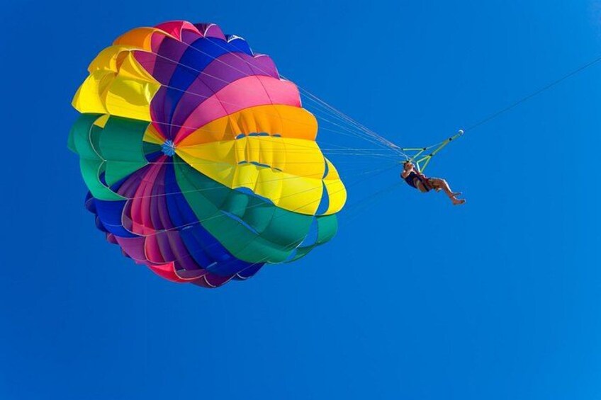 Une personne pratiquant le parachutisme avec un parachute multicolore, sur fond de ciel bleu dégagé. 3