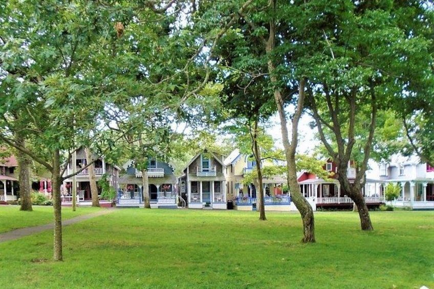 Een rij huizen met groene gazons en bomen. 2